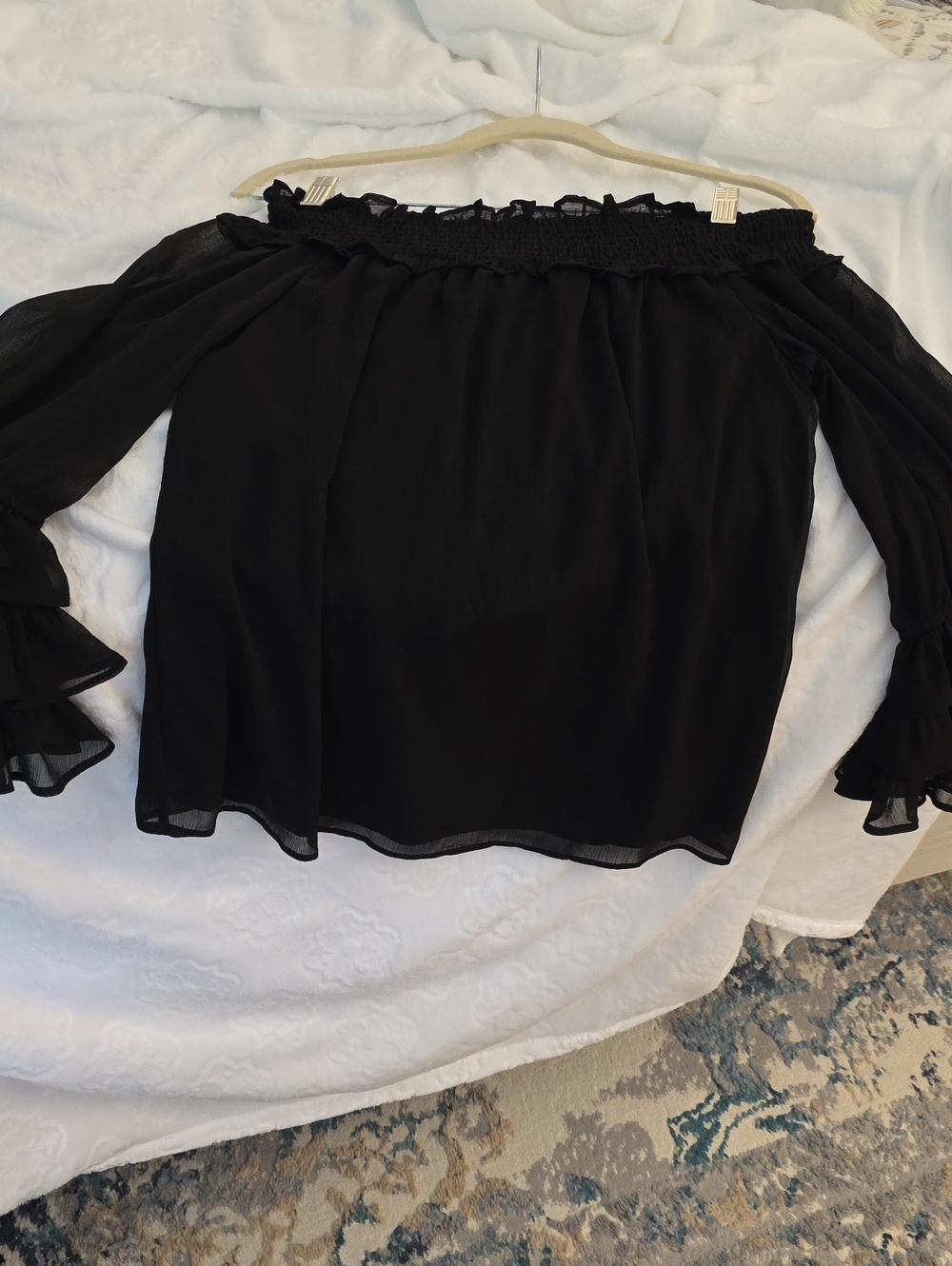 CeCe Black Off-The-Shoulder Ruffle Sleeve Blouse